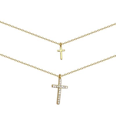 Fashion Double Layer Cross CZ 925 Sterling Silver Necklace