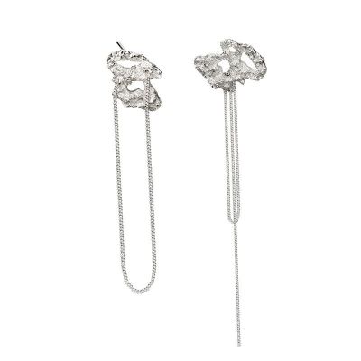 Asymmetry Hollow Stones Tassels 925 Sterling Silver Dangling Earrings