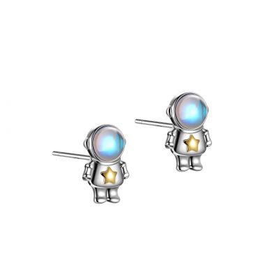 Gift Created Moonstone Star Astronaut 925 Sterling Silver Stud Earrings
