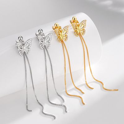 Elegant Hollow CZ Butterfly Tassels 925 Sterling Silver Dangling Earrings