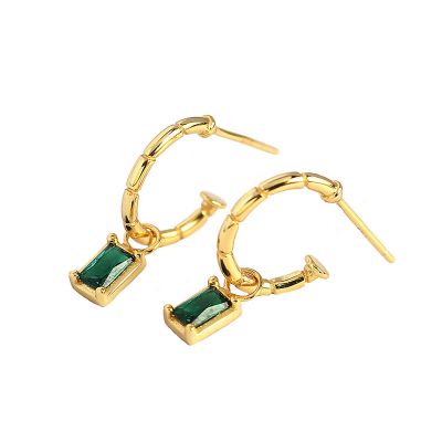 Elegant Geometry Green CZ Rectangle 925 Sterling Silver Hoop Earrings