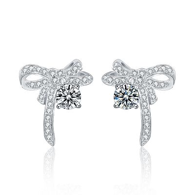Girl Sweet Moissanite CZ Bow-Knots 925 Sterling Silver Stud Earrings