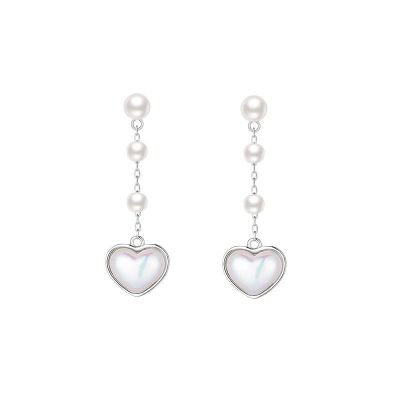 Elegant Shell Pearls Heart Tassels 925 Sterling Silver Dangling Earrings